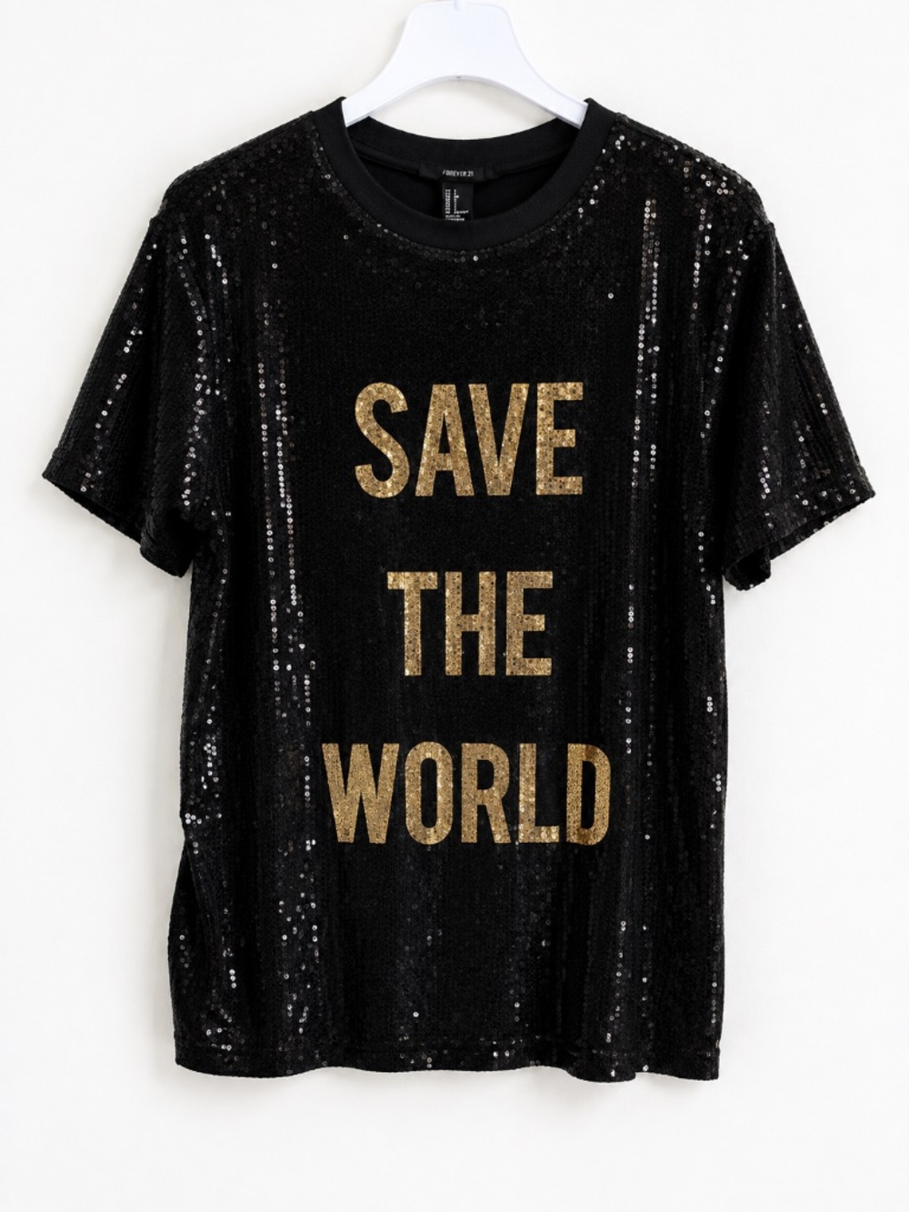 Forever 21 Black Sequin “Save The World” Graphic T-Shirt